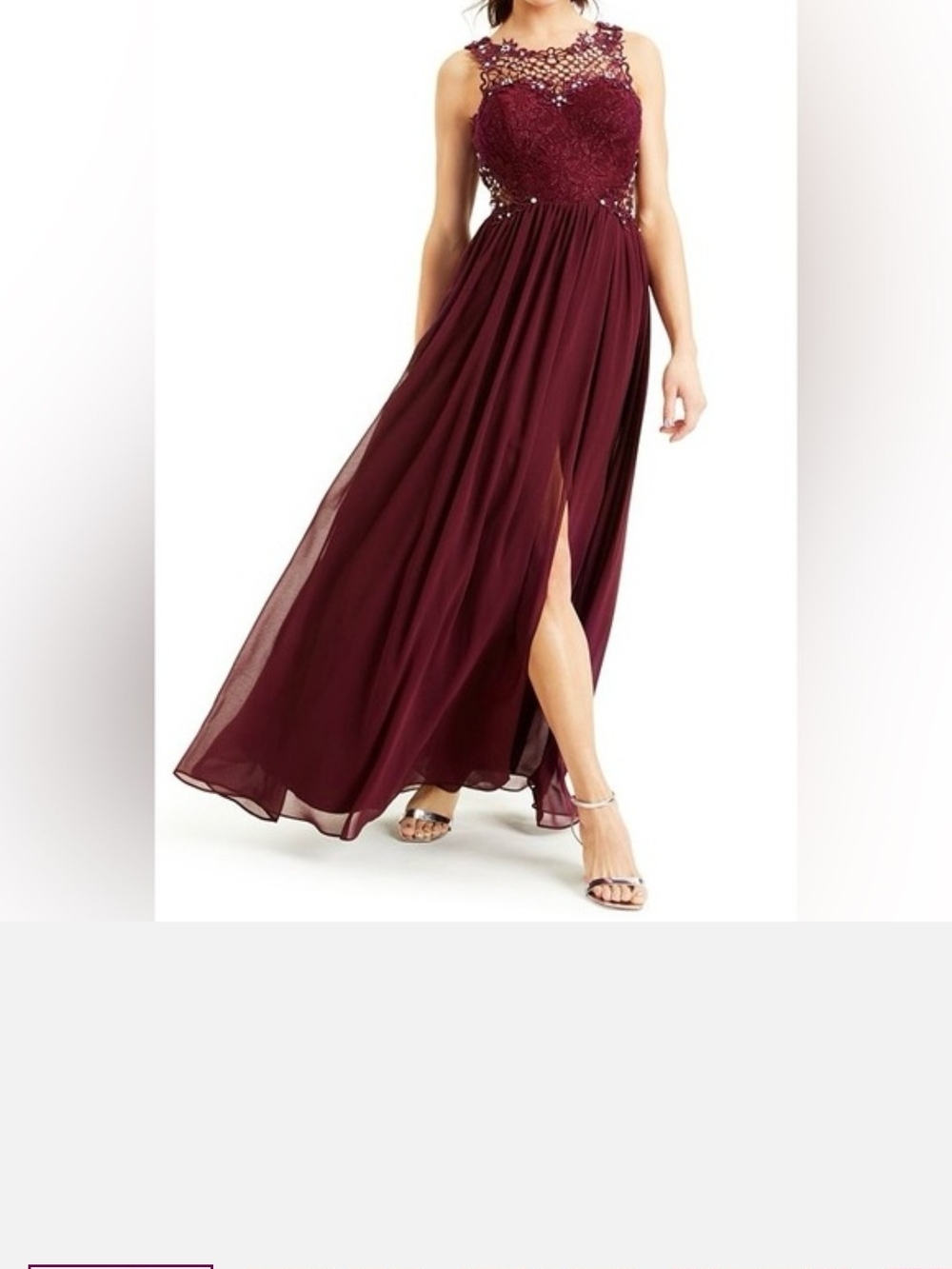 Sleeveless Lace Bodice Chiffon Maxi Dress - Burgundy